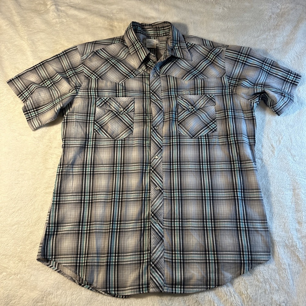 Wrangler‎ Mens Western Button Down Short Sleeve Shirt Plaid Pearl Snap Large